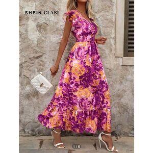 SHEIN Women’s L Classic Surplice V-Neck Maxi Dress in Dopamine Orange/Purple Flo